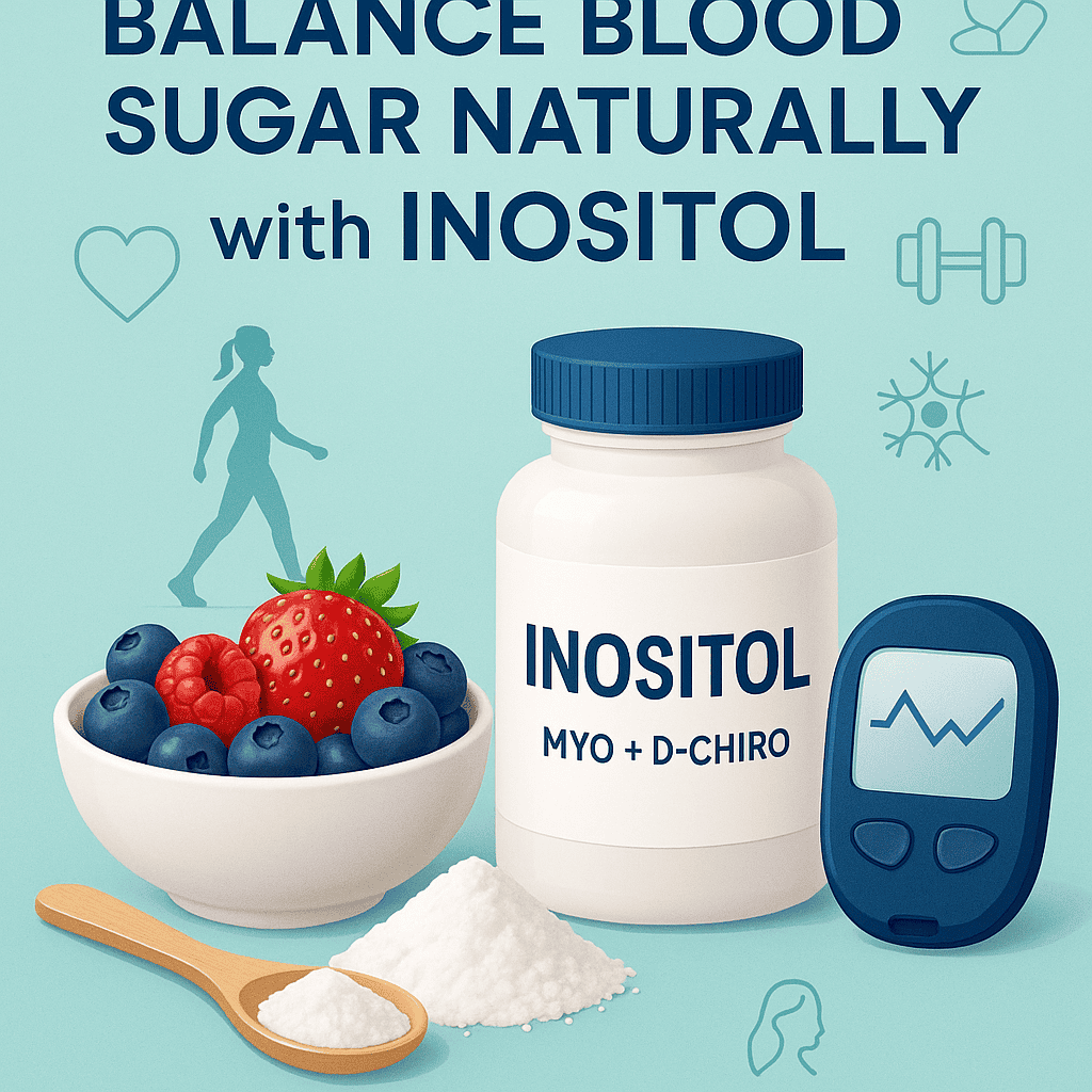 Inositol for Insulin Resistance: Natural Blood Sugar Support Inositol supplement with berries, powder, and wellness icons promoting natural blood sugar and insulin support.