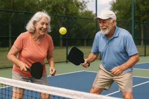 Seniors enjoying an active game of pickleball, promoting joint mobility and pain-free movement through chiropractic care.
