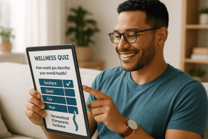 A healthy, smiling adult taking a wellness quiz on their tablet, symbolizing proactive care and personalized chiropractic guidance.