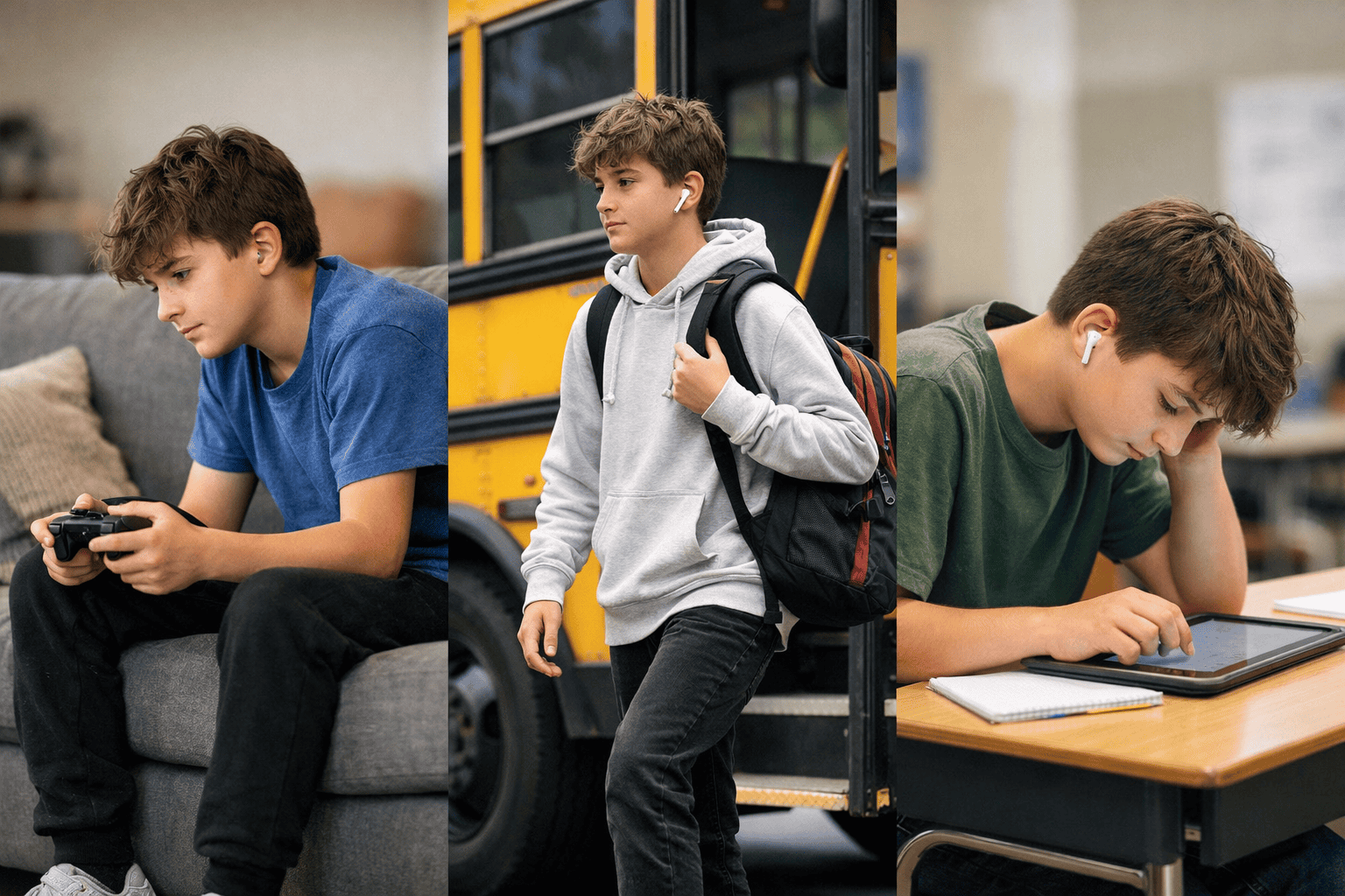 School-age child showing common posture challenges from screen use, heavy backpacks, and prolonged sitting during a typical school day