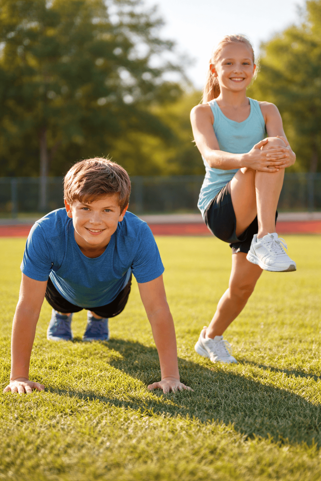 Middle school students demonstrating core strength and balance to support healthy spine development during growth.