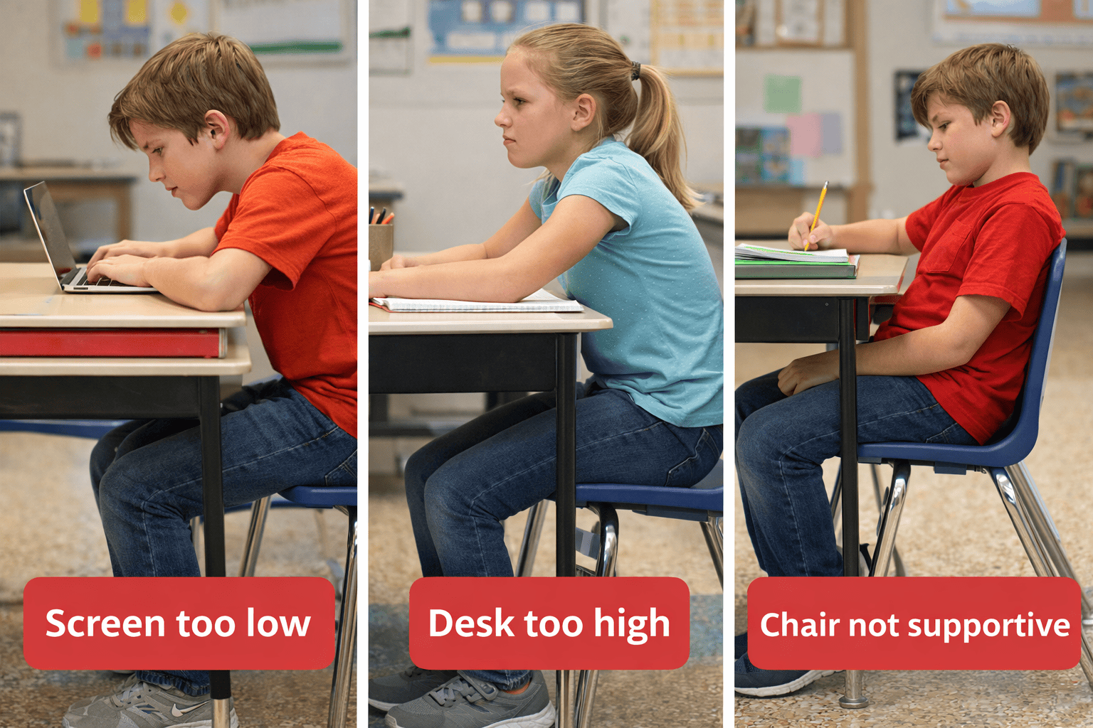 Examples of poor classroom ergonomics in children including low screen height, high desk strain, and unsupported seated posture.