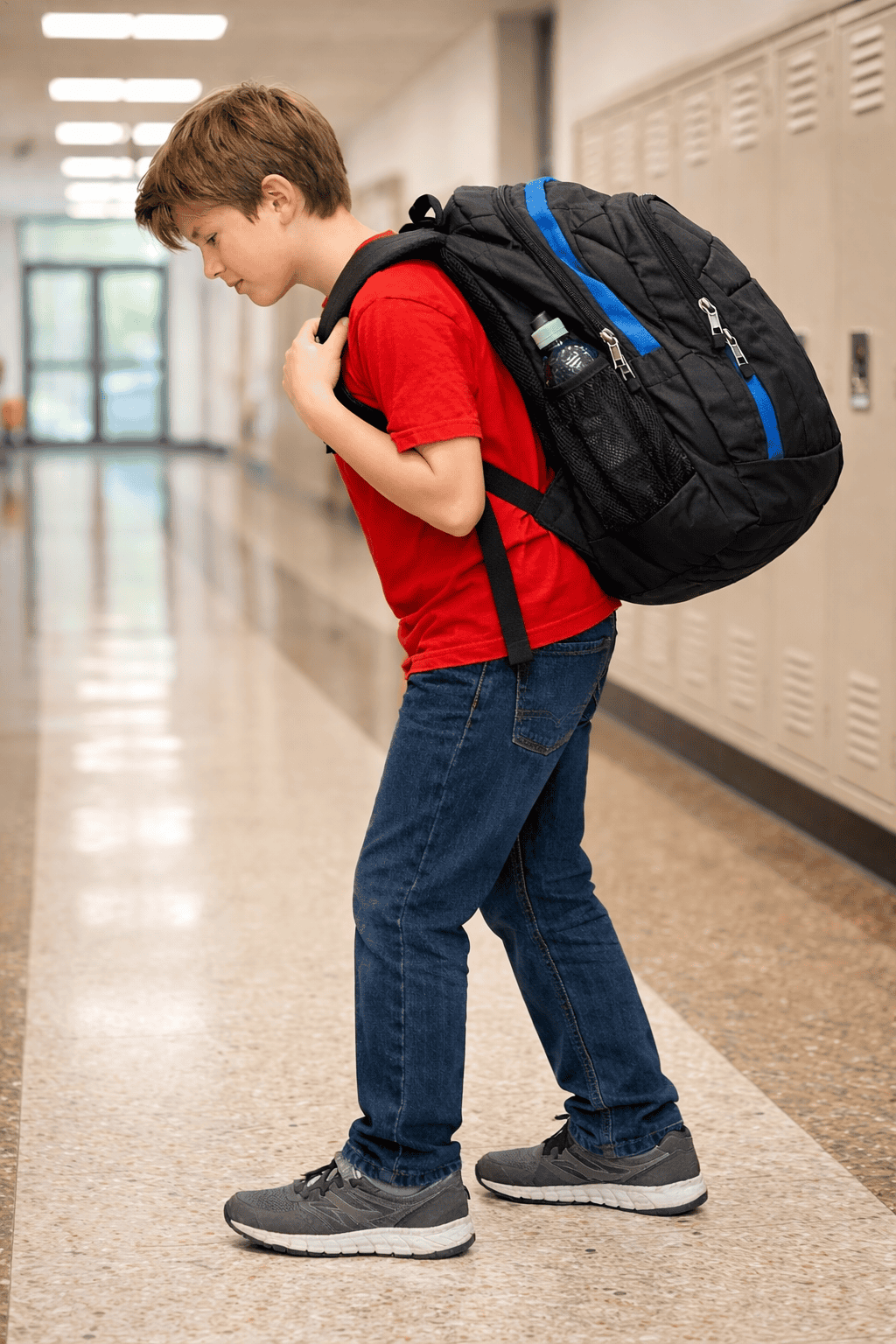 Student wearing a backpack that is too heavy, demonstrating postural compensation while standing.