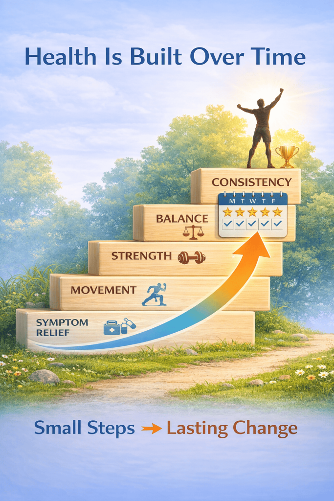 Health Is Built Over Time Health is built over time infographic showing progression from symptom relief to movement, strength, balance, and consistency for long term wellness.