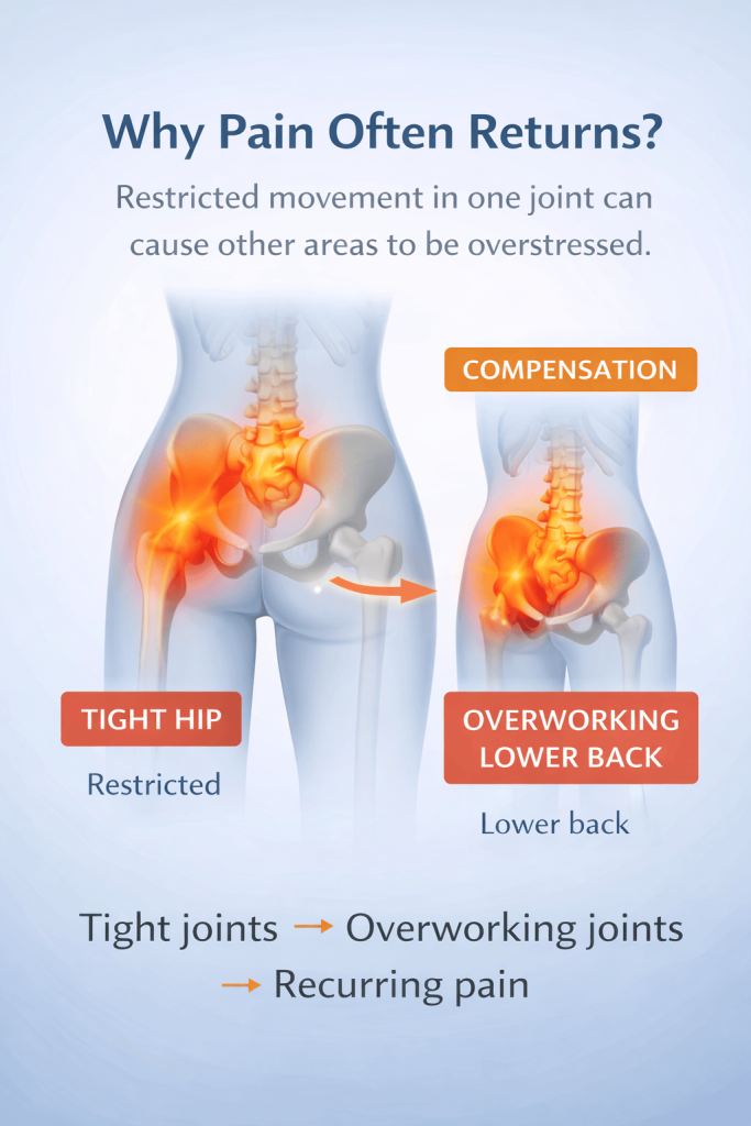 Why Pain Often Returns Illustration demonstrating how tight hip joints can lead to overworked lower back muscles and recurring pain due to compensation in movement patterns.