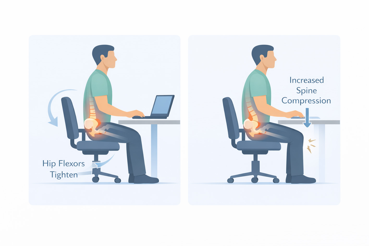 Illustration showing hip flexor tightening and lumbar spine compression caused by prolonged sitting