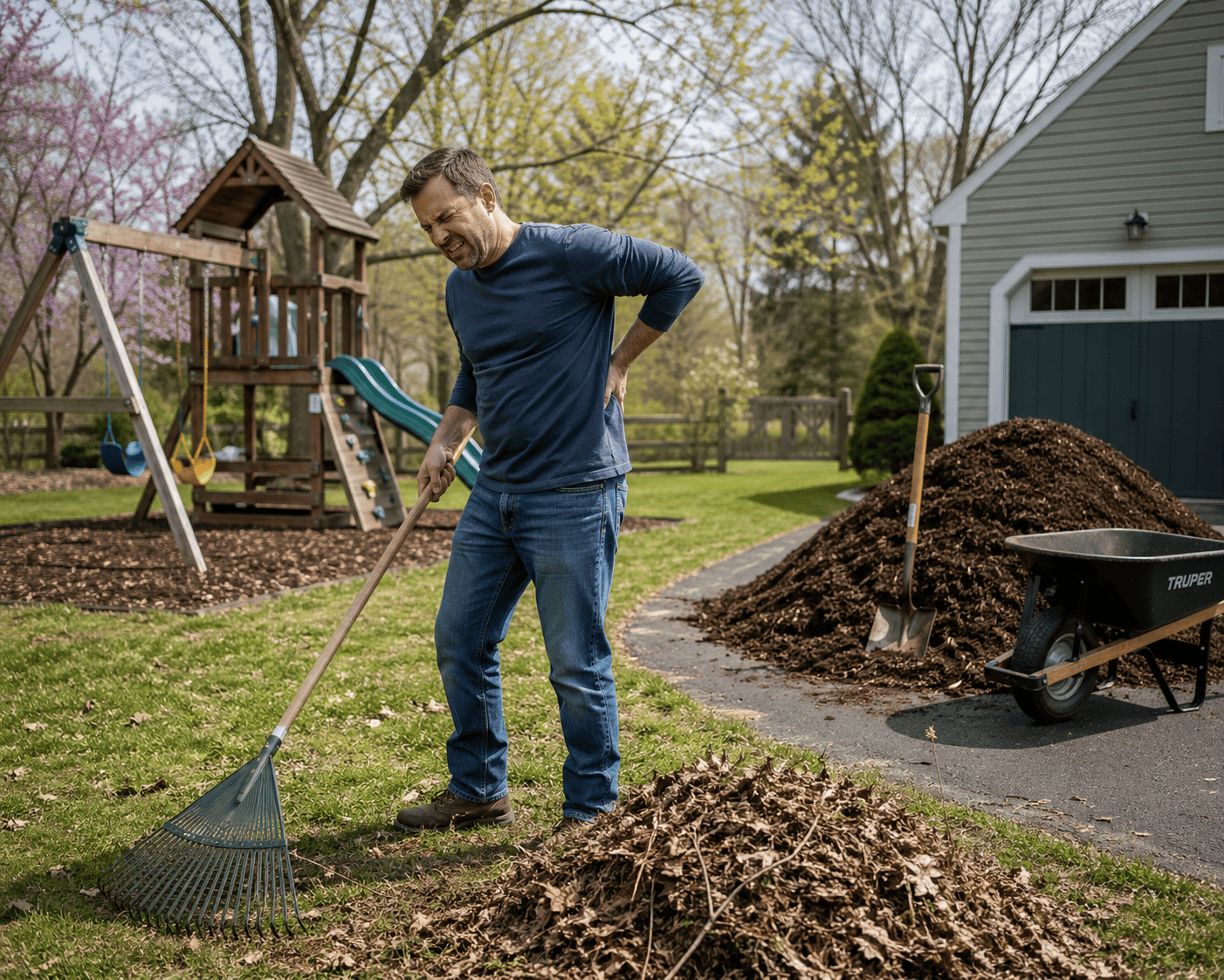 Man bending over while gardening, illustrating lower back strain from yard work and spring cleanup