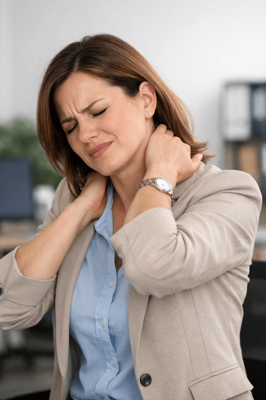Person holding their neck and shoulders, showing physical signs of stress and muscle tension
