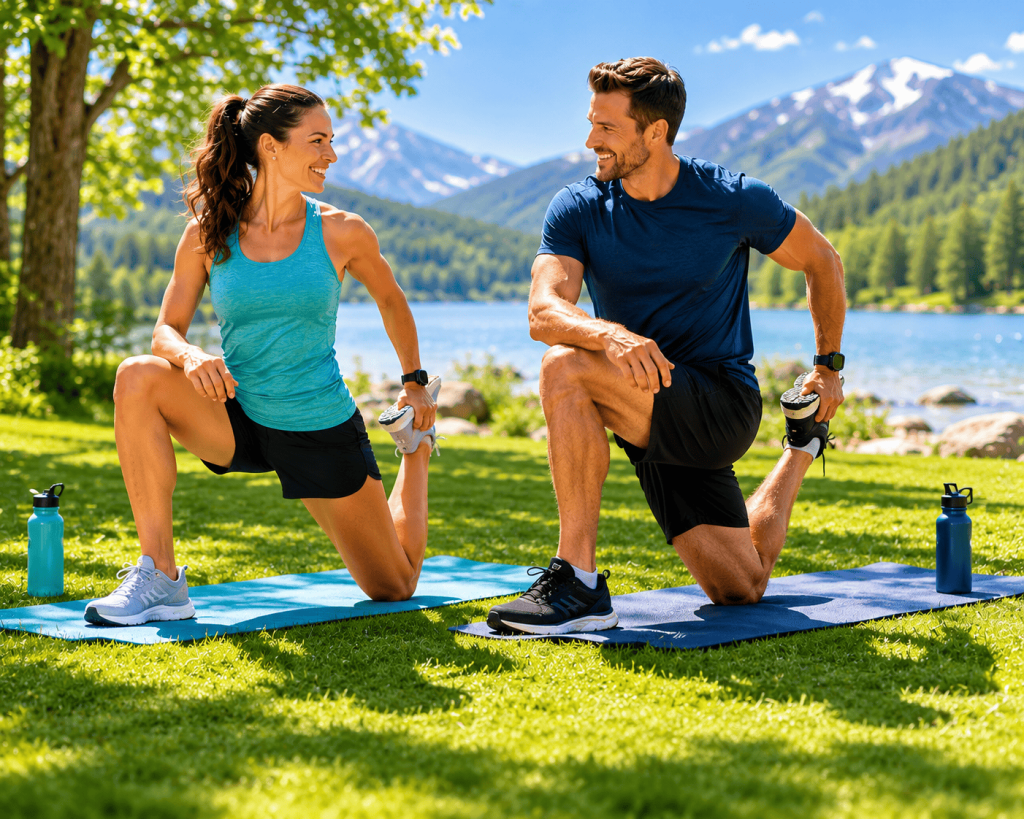 family hip flexor stretching outdoors in early summer ryan chiropractic wellness massachusetts