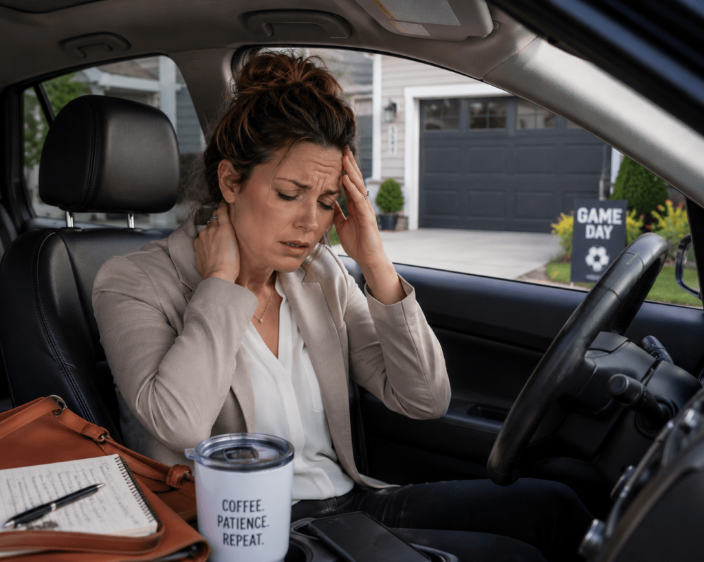 Massachusetts mom experiencing neck pain and tension headache while sitting in car during busy spring family schedule with work, school, and sports activities