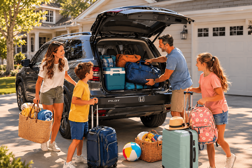 Summer Road Trips Family packing the car for a summer road trip