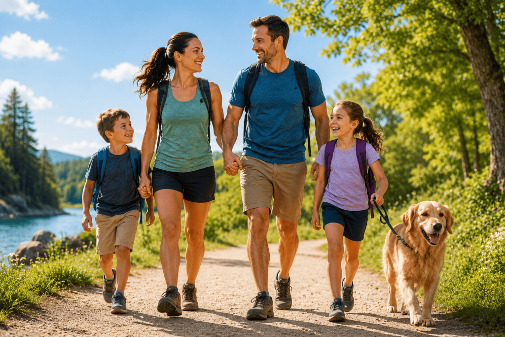Keeping the Whole Family Active Family on a hike with the dog exercising together.