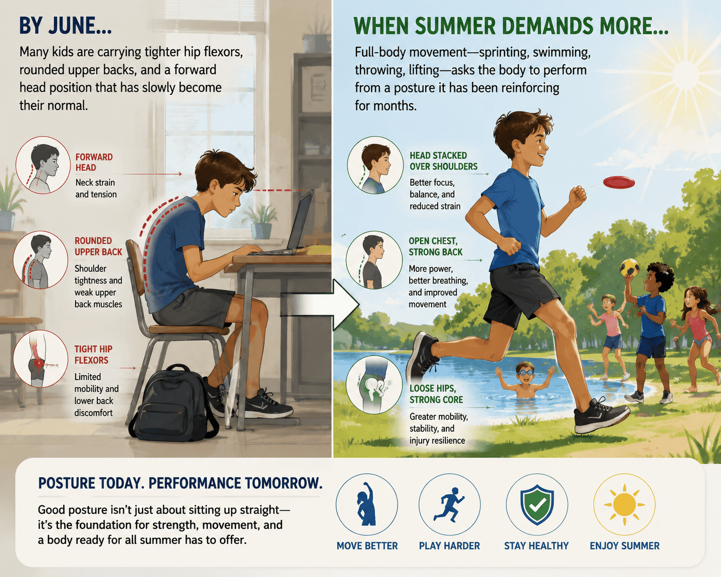 Illustration comparing a child's rounded school desk posture with healthy aligned standing posture
