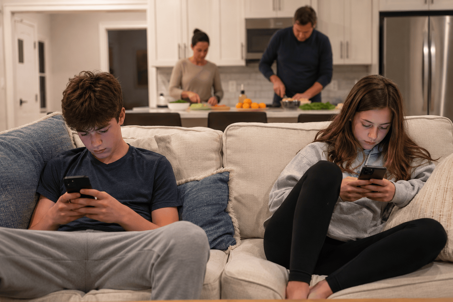 Teens looking down at a phone with forward head posture, illustrating tech neck strain in children and teens