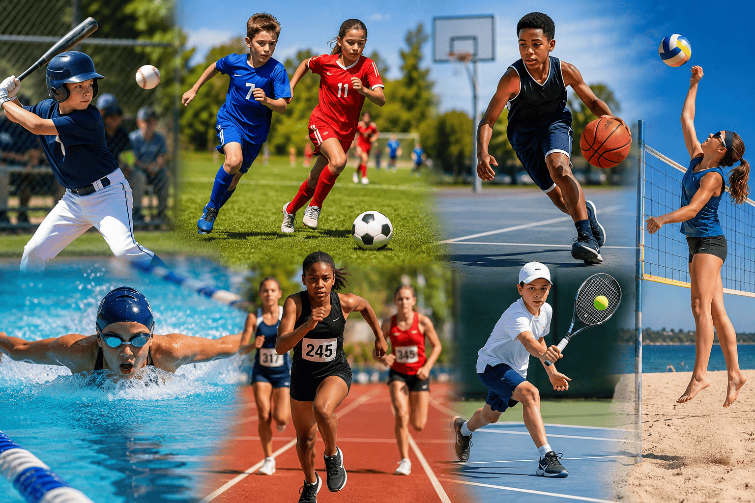 Young athletes competing in summer sports, representing youth athletic activity and injury prevention