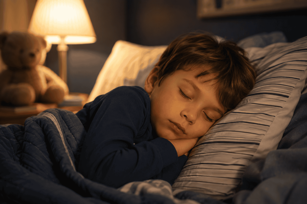 The Intelligence Inside You Child sleeping peacefully in bed at night, illustrating the body's natural healing, recovery, and restorative processes during healthy sleep.