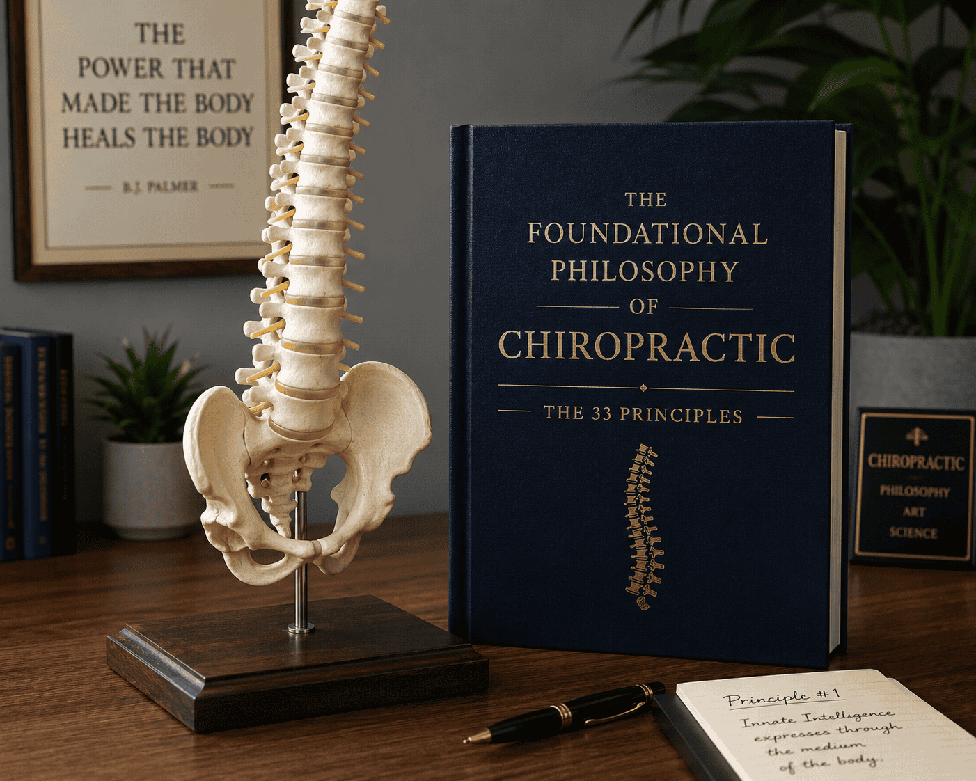 Spine model beside a book, representing the foundational philosophy and 33 principles of chiropractic