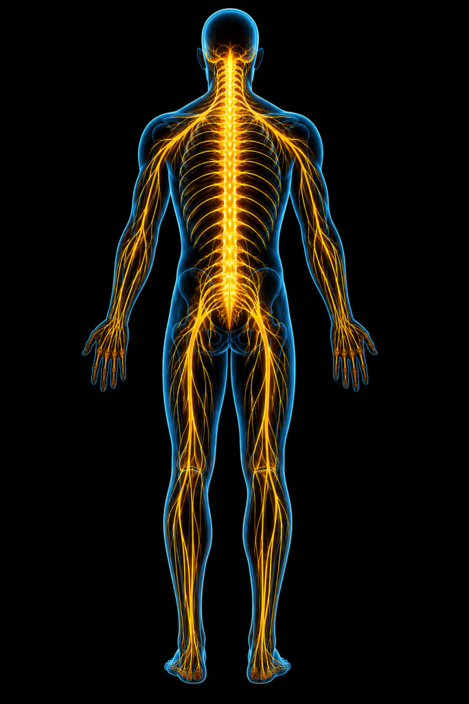 Where It All Comes Together Illustration of a human body showing a glowing spine and nervous system on a black background, highlighting the spinal cord and peripheral nerves branching throughout the body to represent nervous system communication and whole-body function.