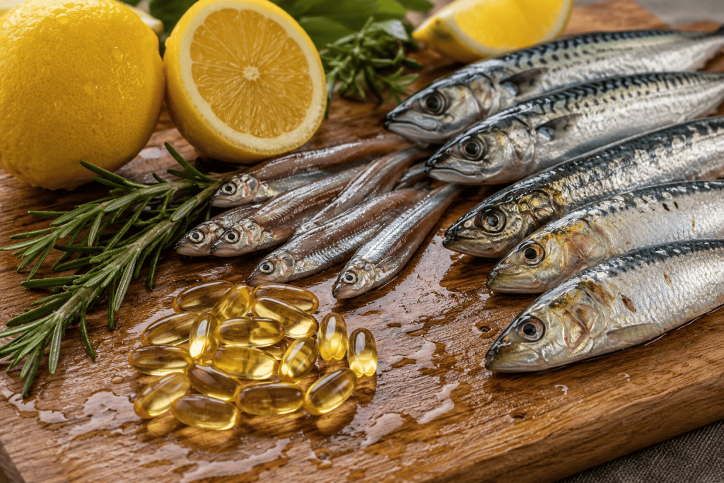Fish Oil Explained Fish oil omega-3 softgels with fresh sardines, anchovies, mackerel, lemon and rosemary on a wooden cutting board, natural sources of EPA and DHA.