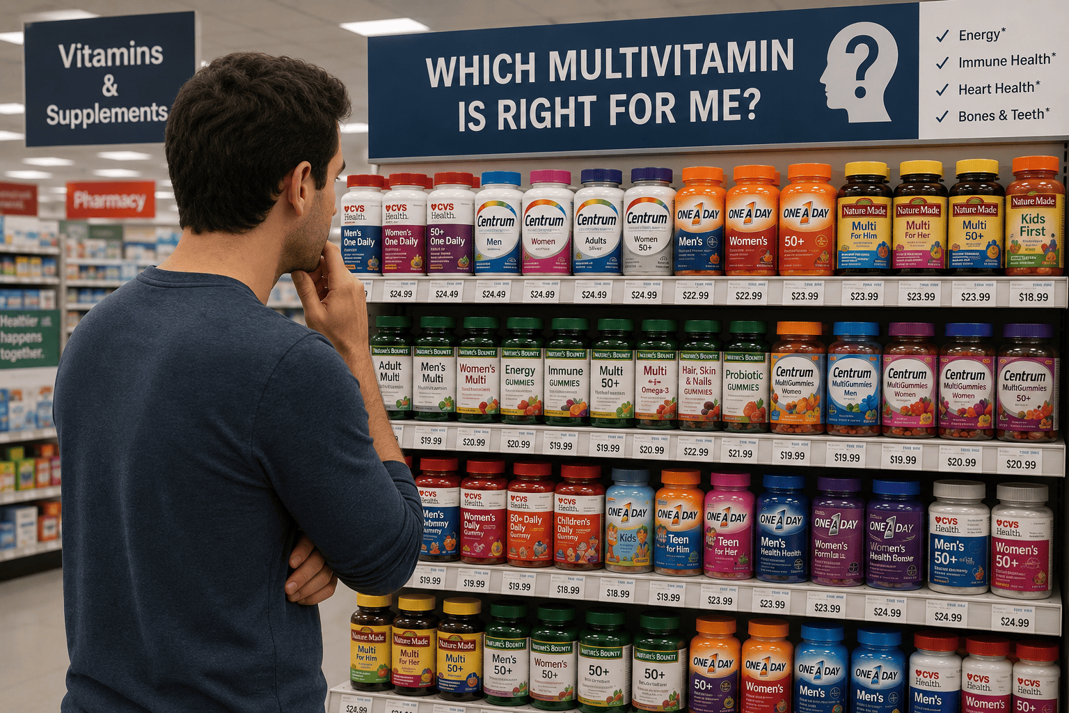 A wall of multivitamin bottles, representing how hard it is to choose a quality multivitamin