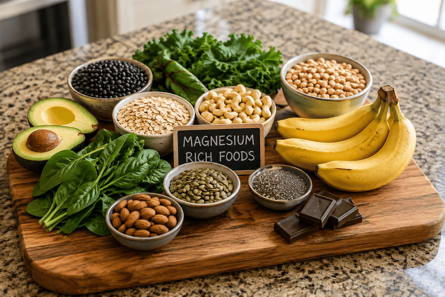 Assortment of magnesium-rich foods and supplements on a wooden table