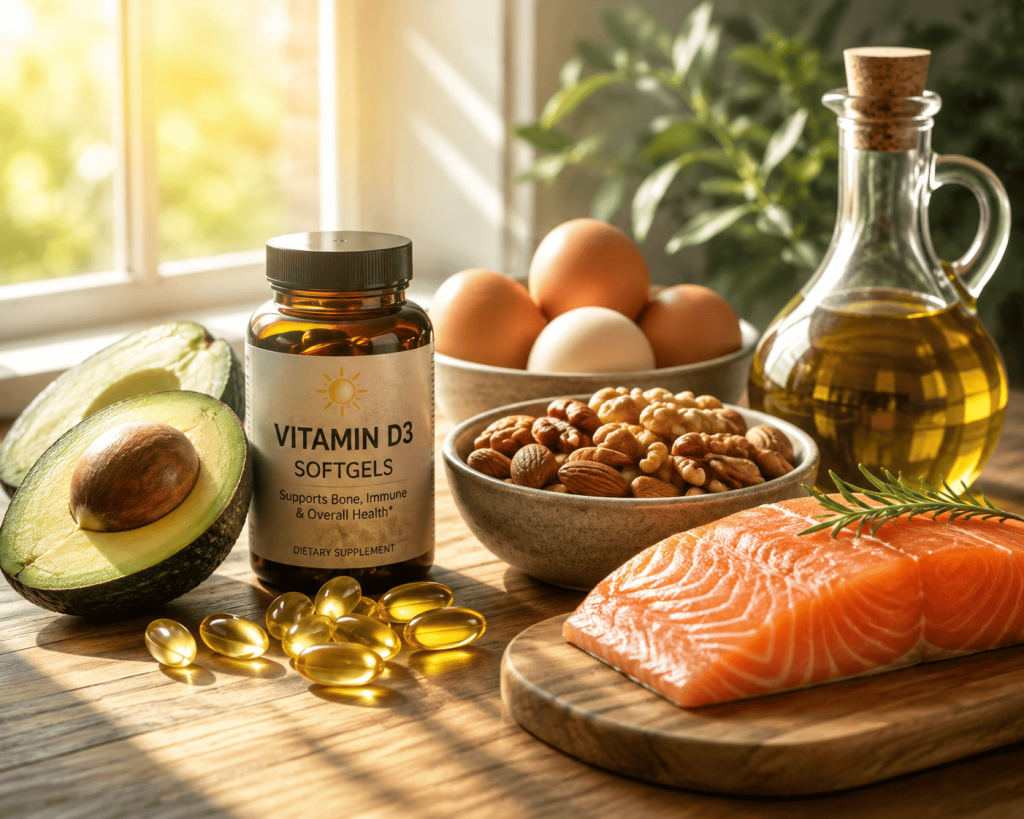All About Vitamin D vitamin d3 softgels with examples of foods with healthy fats