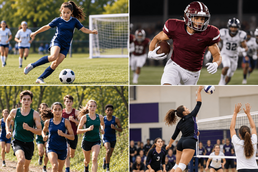 Sports Injuries in Youth Fall Youth Sports Collage of soccer, football, cross-country and volleyball.