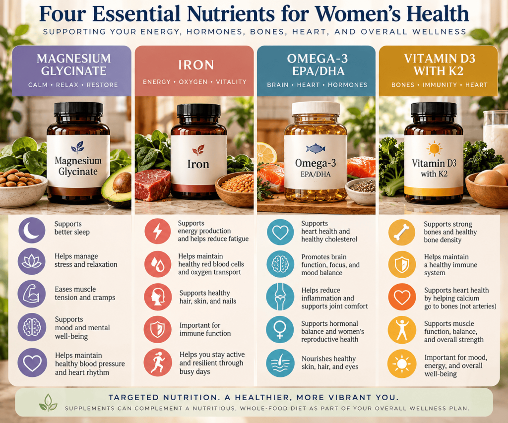 Supplements Women Actually Need Women's health infographic featuring magnesium glycinate, iron, omega-3 EPA/DHA, and vitamin D3 with K2, illustrating their roles in supporting energy, mood, bone strength, heart health, and overall wellness.