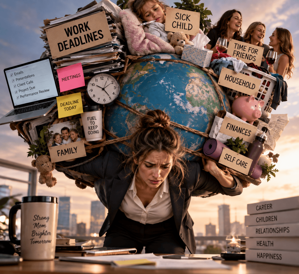 Stress, Hormones and Your Nervous System Overwhelmed working mother carrying the weight of deadlines, childcare, finances, and family responsibilities, illustrating chronic stress and nervous system overload.