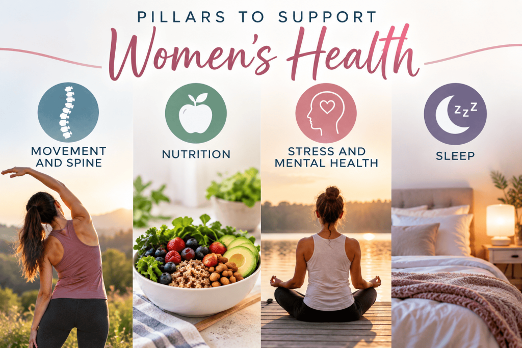 Women's Health Month Four pillars supporting women’s health and wellness: movement and spine health, nutrition, stress and mental health, and quality sleep.