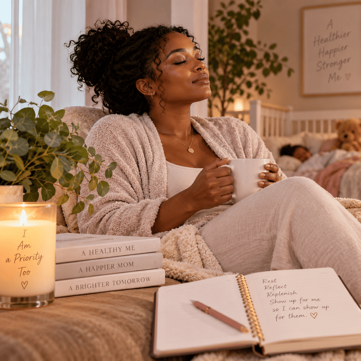 A mother taking a calm moment for herself, representing women prioritizing their own health